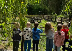 Dzieci stoją na mostku i podziwiają płynącą wodę.