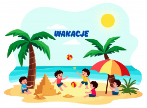 Grupa dzieci spędza czas na gorącej plaży. Jedno dziecko lepi zamek z piasku, pozostałe rzucają sobie piłkę. W tle widoczne palmy i słońce i napis wakacje.