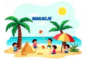 Grupa dzieci spędza czas na gorącej plaży. Jedno dziecko lepi zamek z piasku, pozostałe rzucają sobie piłkę. W tle widoczne palmy i słońce i napis wakacje.