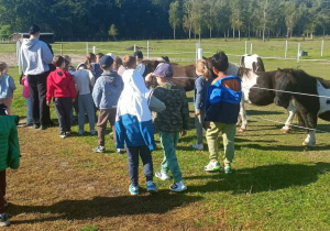 Pani przewodnik pokazuje dzieciom konie znajdujące się za ogrodzeniem. Dzieci stoją przed ogrodzeniem i obserwują grupę zwierząt.